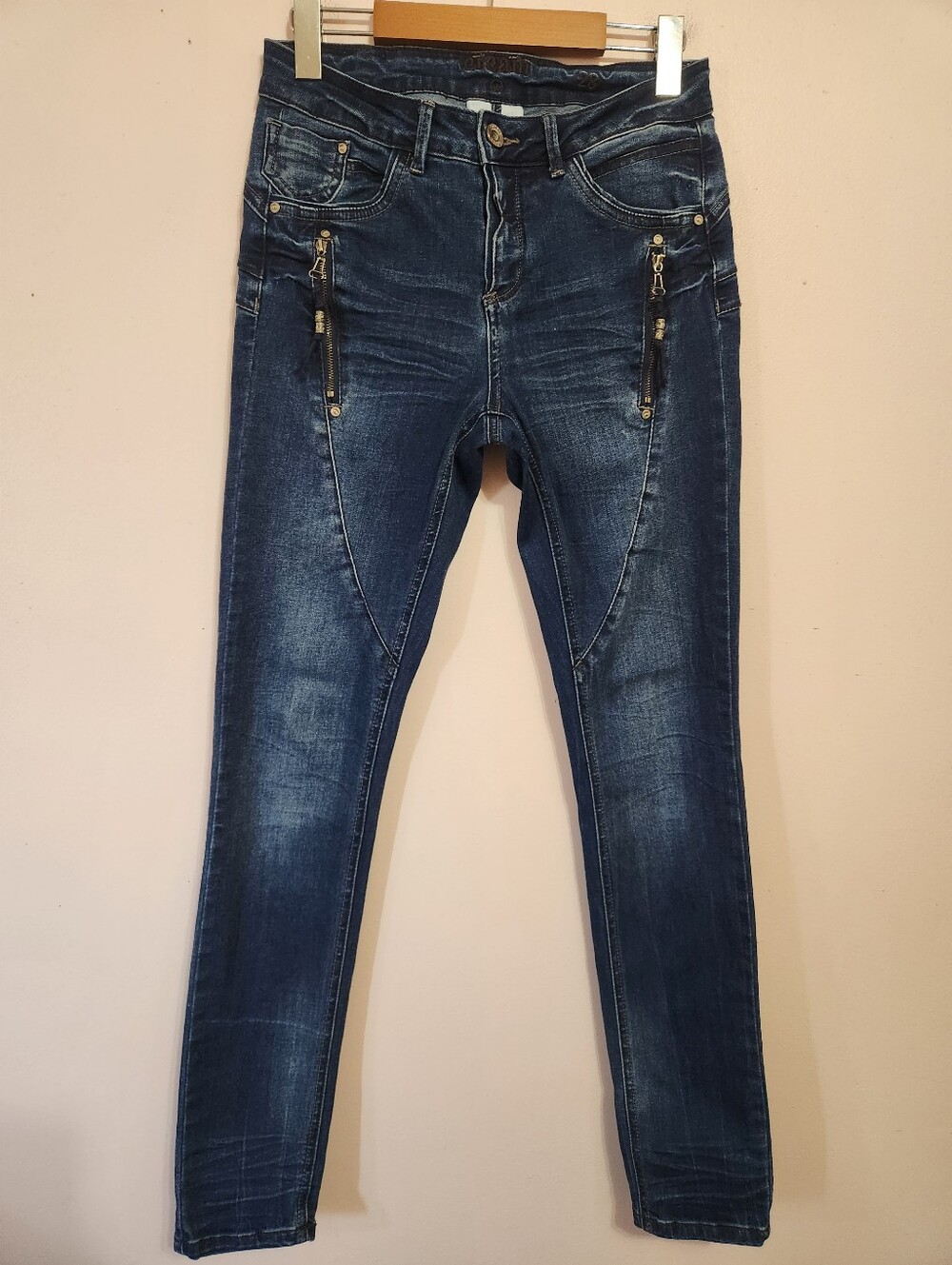 Cream Denmark Denim Mid Rise Skinny Boho Moto Jeans Distressed Zip Detail Sz 28